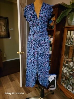 IMAN Blue and Pink Leopard Print Maxi Dress